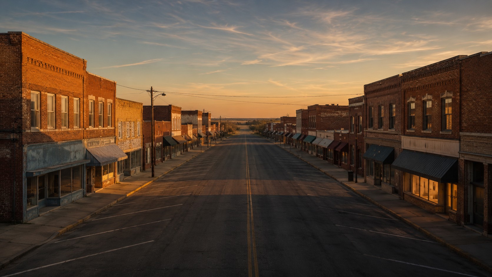 Main street in Winner, South Dakota at golden hour